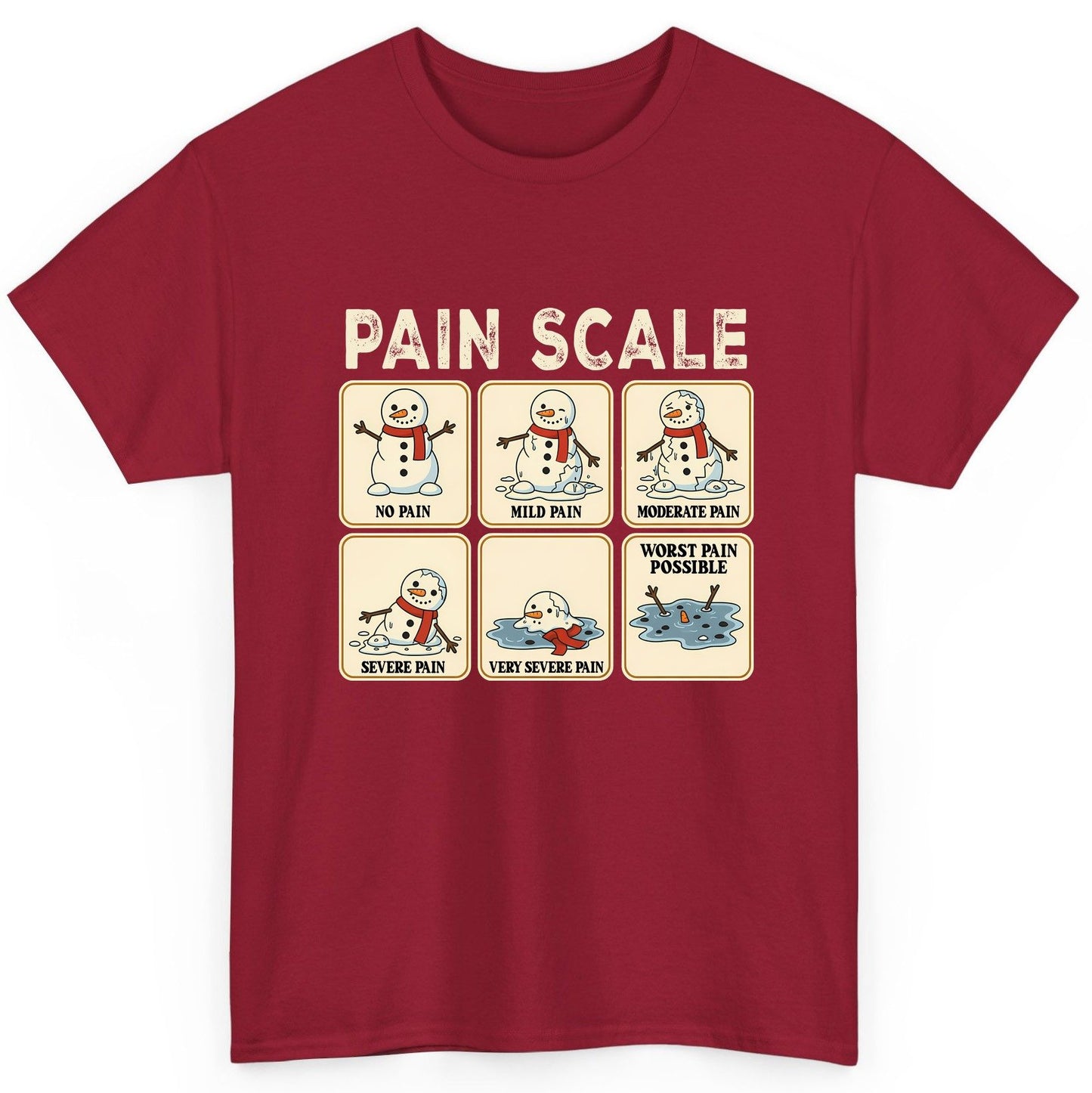Pain Scale No Pain Mild Pain Moderate Pain Severe Pain Very Severe Pain Worst Pain Possible snowman T-Shirt Cardinal Red