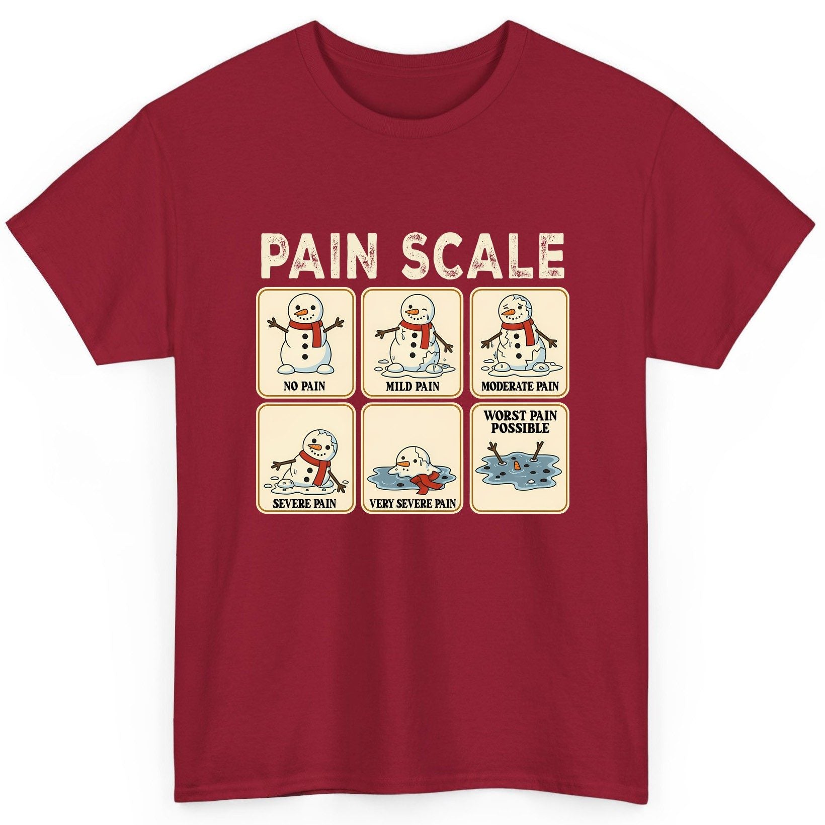 Pain Scale No Pain Mild Pain Moderate Pain Severe Pain Very Severe Pain Worst Pain Possible snowman T-Shirt Cardinal Red
