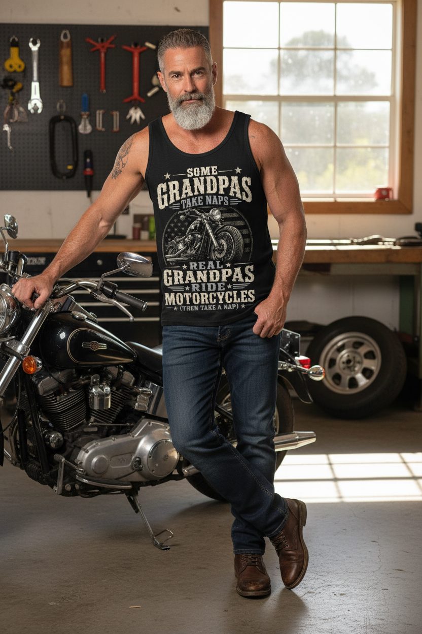 Some Grandpas Take Naps Real Grandpas Ride Motorcycles (then Take a Nap) Funny Detailed Illustration of Classic Motorcycle with Distressed Texture in the Background Is Subtle Weathered American Flag Pattern Stars and Stripes Tank Top - lifestyle model mockup - Black