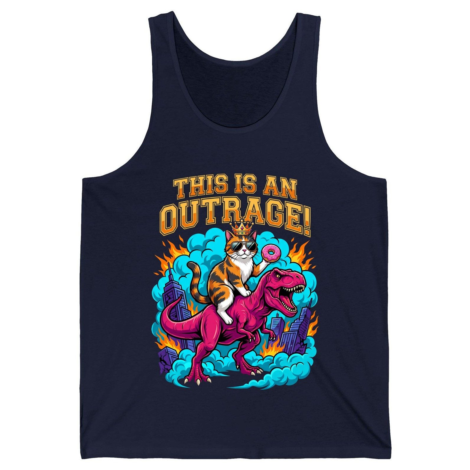 THIS IS AN OUTRAGE! Cat riding a T-Rex Tank Top Navy product mockup