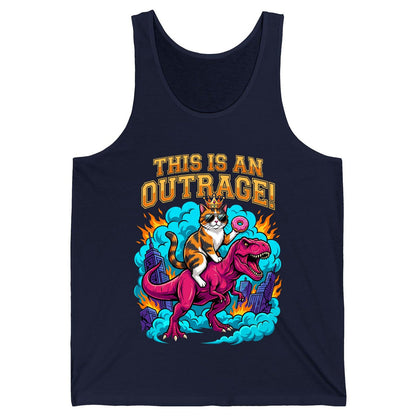 THIS IS AN OUTRAGE! Cat riding a T-Rex Tank Top Navy product mockup