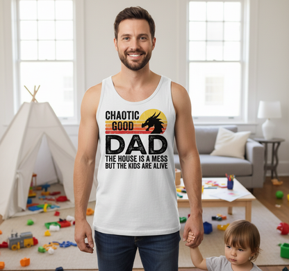 CHAOTIC GOOD DAD THE HOUSE IS A MESS BUT THE KIDS ARE ALIVE Funny Chaotic Good Dad Dragon Tank Top - lifestyle model mockup - White