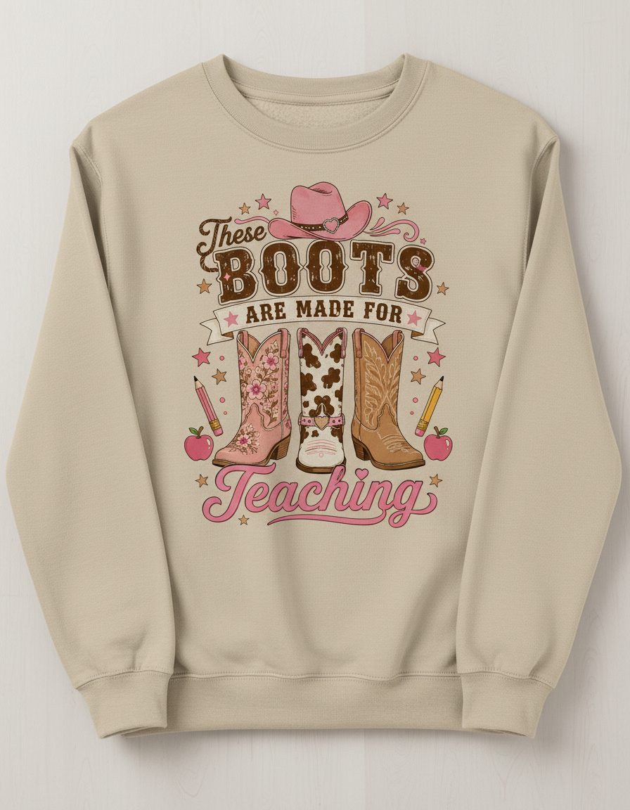 These Boots Are Made for Teaching Teacher Sweatshirt - product mockup - Sand