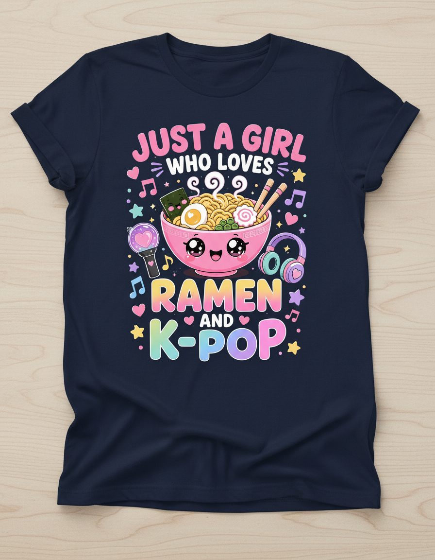 Just a Girl Who Loves Ramen and K-Pop K-Pop Fans T-Shirt - product mockup - Navy