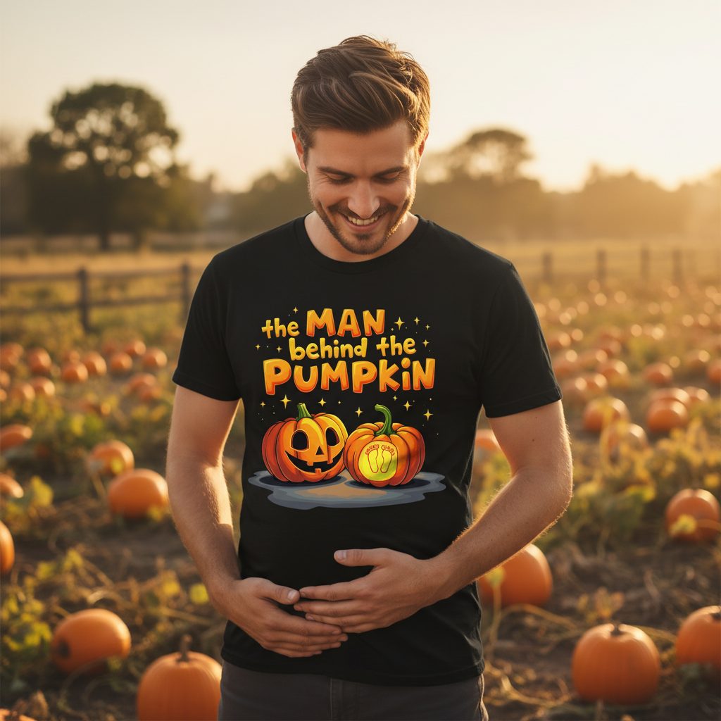 The Man Behind the Pumpkin Halloween pregnancy announcement T-Shirt Black lifestyle mockup