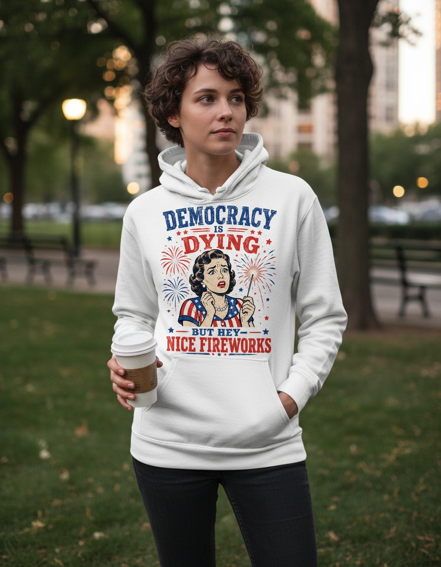 Democracy Is Dying but Hey Nice Fireworks Hoodie - lifestyle model mockup - White