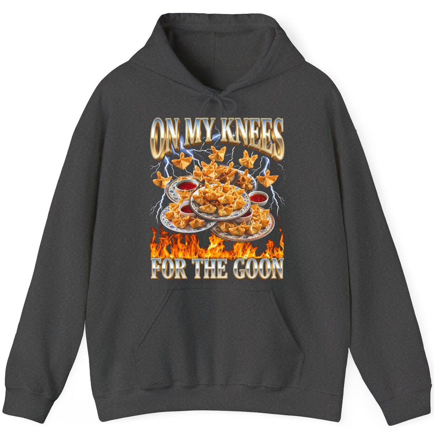 On My Knees for the Goon crab rangoon Hoodie Dark Heather product mockup