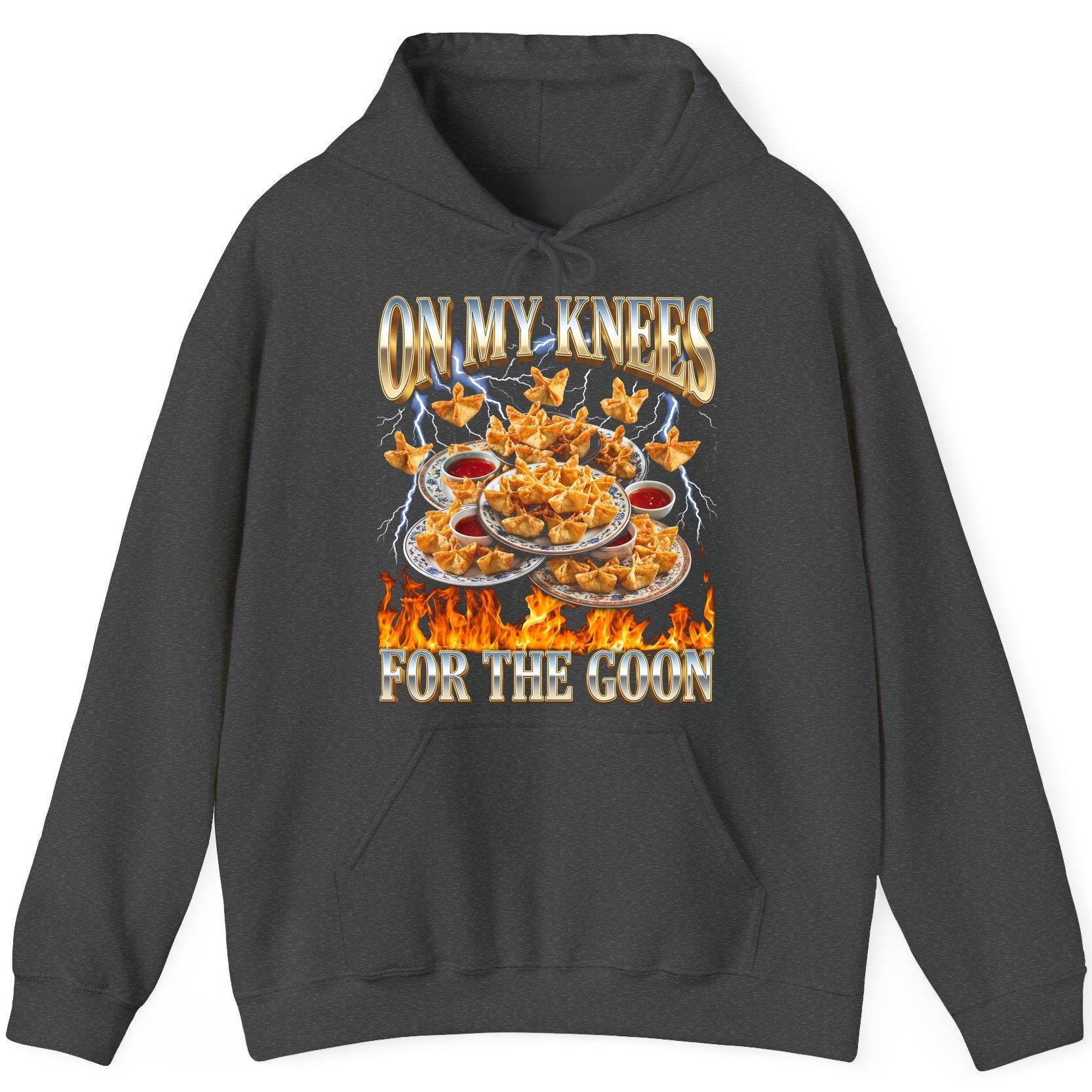 On My Knees for the Goon crab rangoon Hoodie Dark Heather product mockup