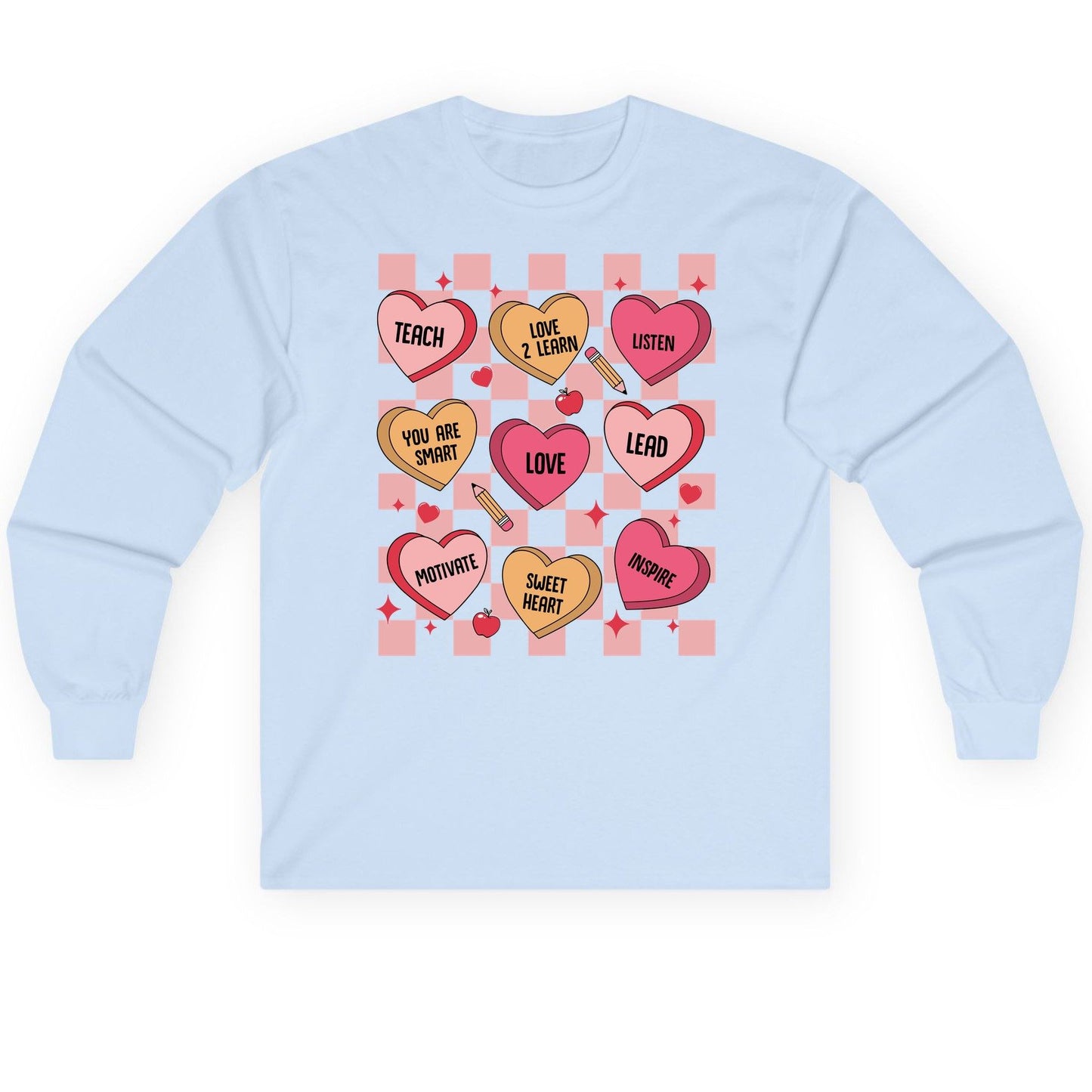 Inspirational Teacher Conversation Hearts teacher appreciation Long Sleeve Tee Light Blue product mockup
