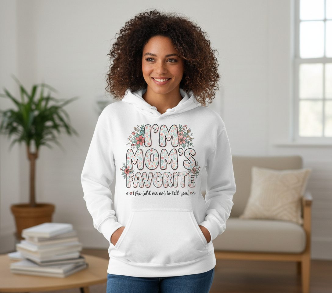 I'm Mom's Favorite (She Told Me Not to Tell You) sibling rivalry humor Hoodie White lifestyle mockup