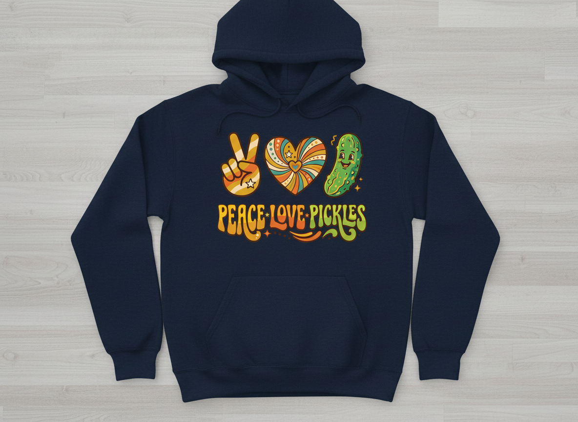 Peace Love Pickles Retro 70s Hippie Design Hoodie - Navy