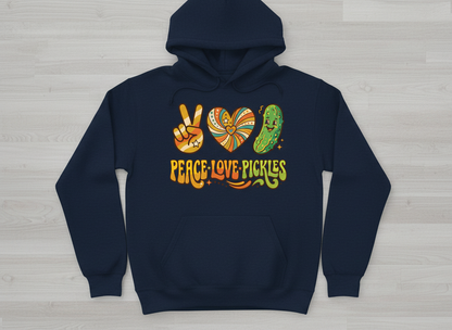 Peace Love Pickles Retro 70s Hippie Design Hoodie - Navy