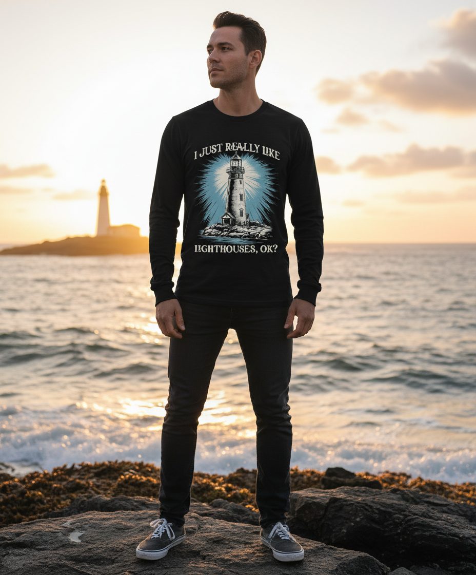 I Just Really Like Lighthouses, Ok? lighthouse Long Sleeve Tee Black lifestyle mockup
