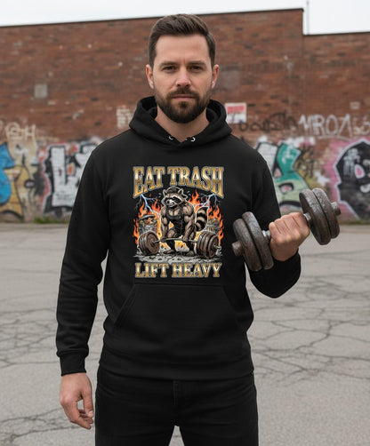 Eat Trash Lift Heavy weightlifting raccoon Hoodie Black lifestyle mockup