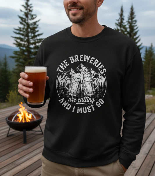 THE Breweries Are Calling AND I MUST GO Funny Craft Beer Sweatshirt - lifestyle model mockup - Black