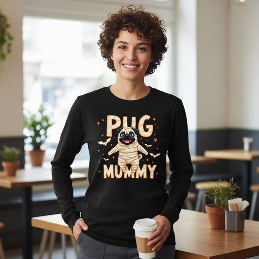 Pug Mummy pug Long Sleeve Tee Black lifestyle mockup