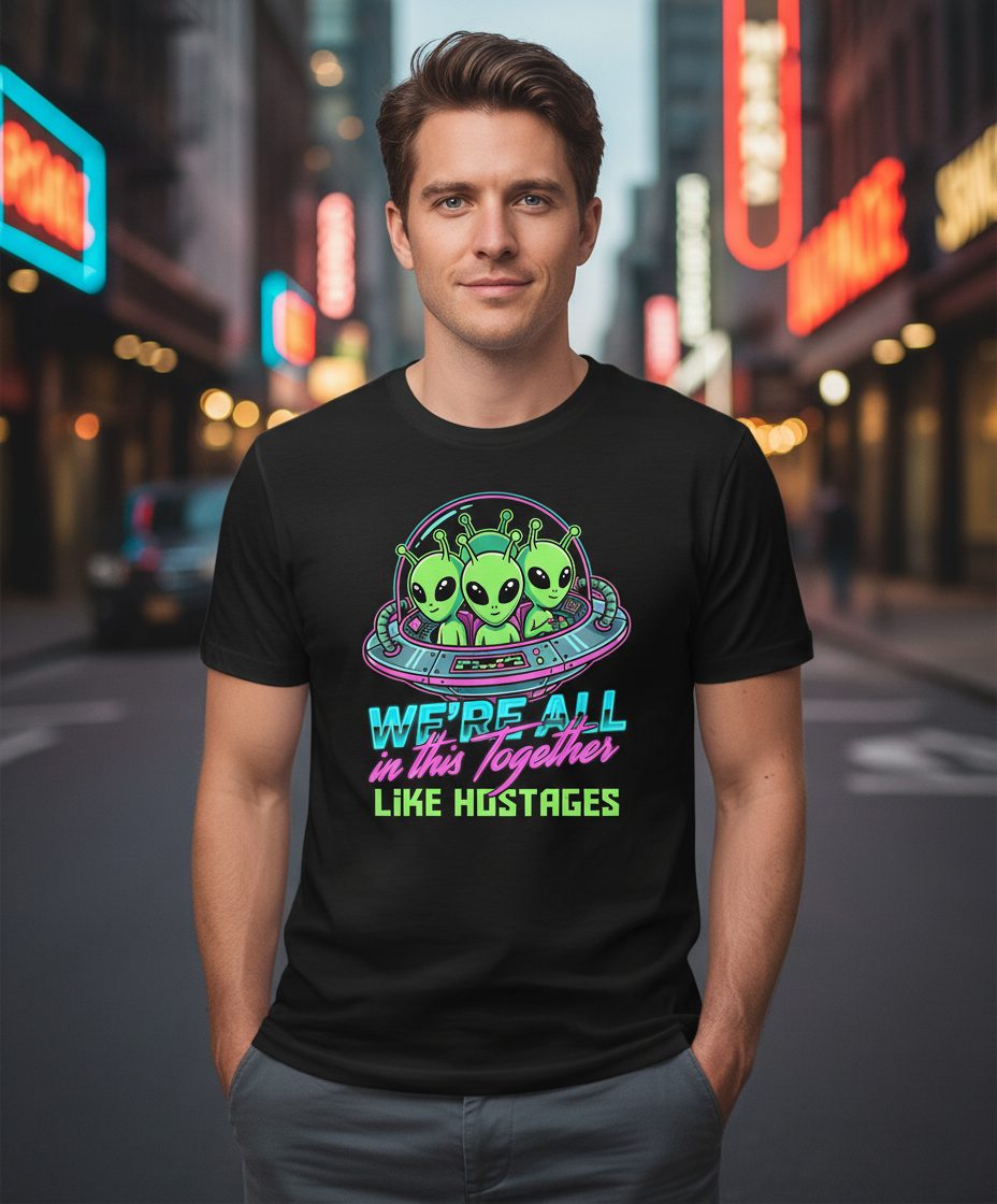 WE'RE ALL in this Together LIKE HOSTAGES Aliens T-Shirt Black lifestyle mockup