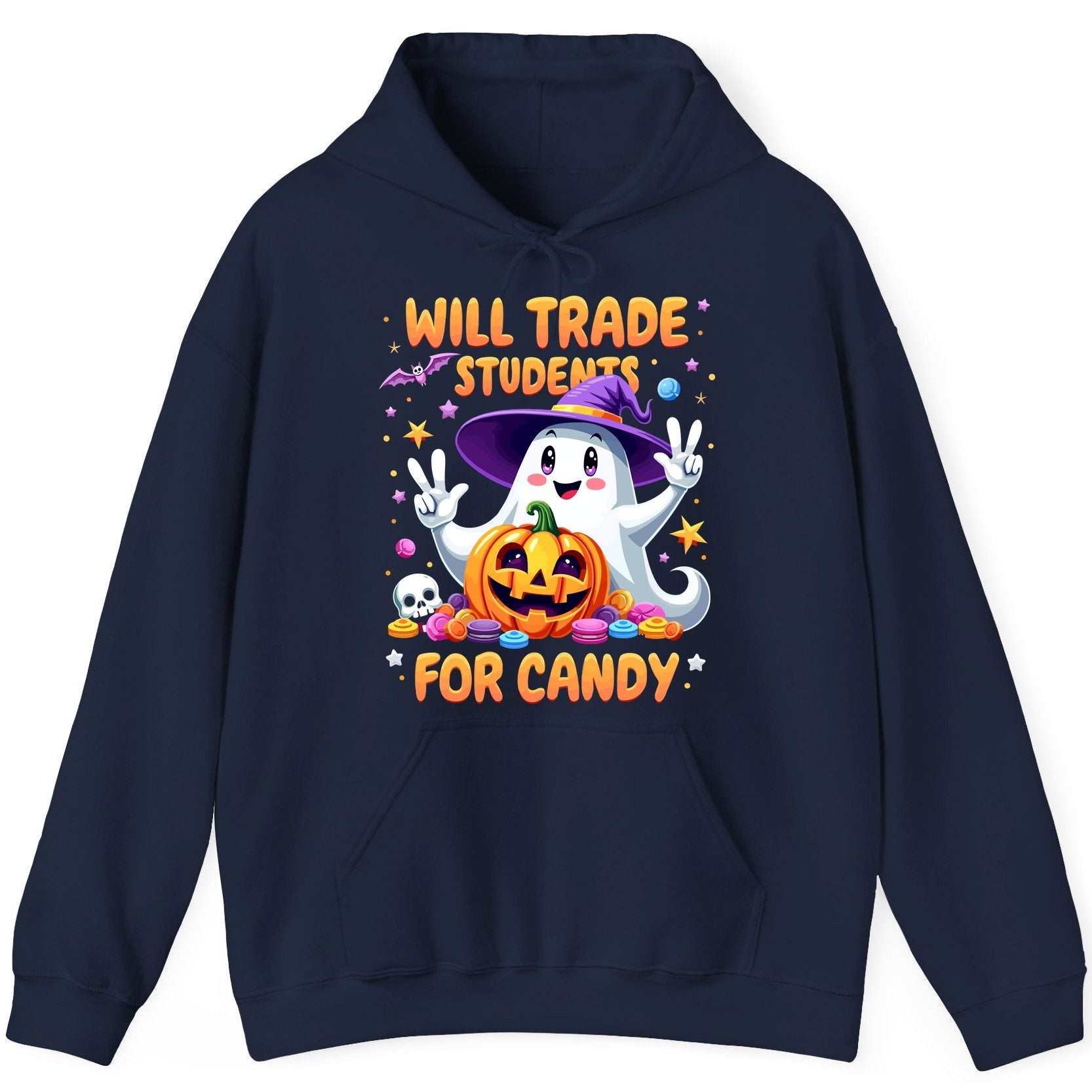 Will Trade Students for Candy teacher Halloween Hoodie Navy product mockup