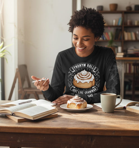 Synonym Rolls Just Like Grammar Used to Make grammar pun Long Sleeve Tee Black lifestyle mockup