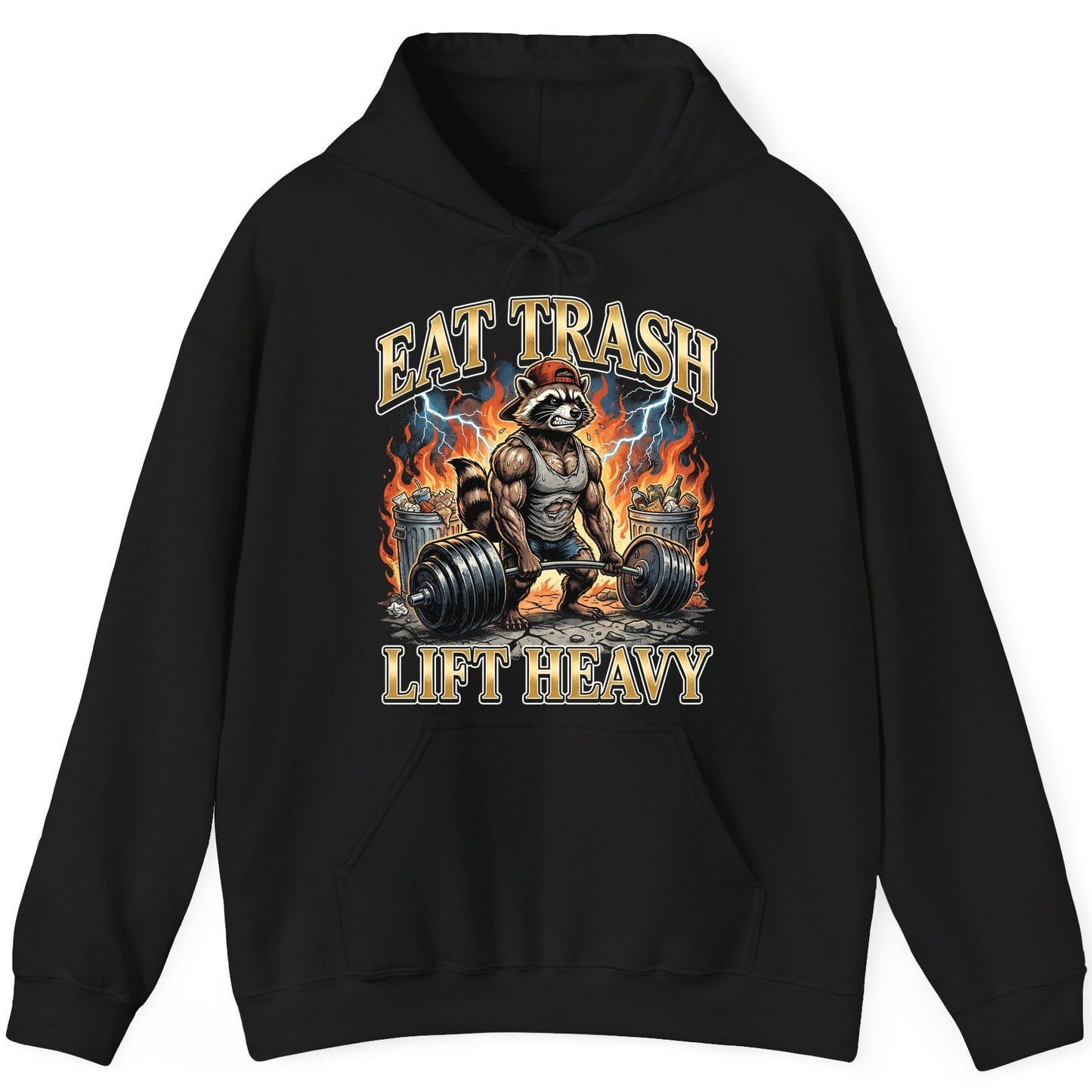Eat Trash Lift Heavy raccoon Hoodie Black product mockup