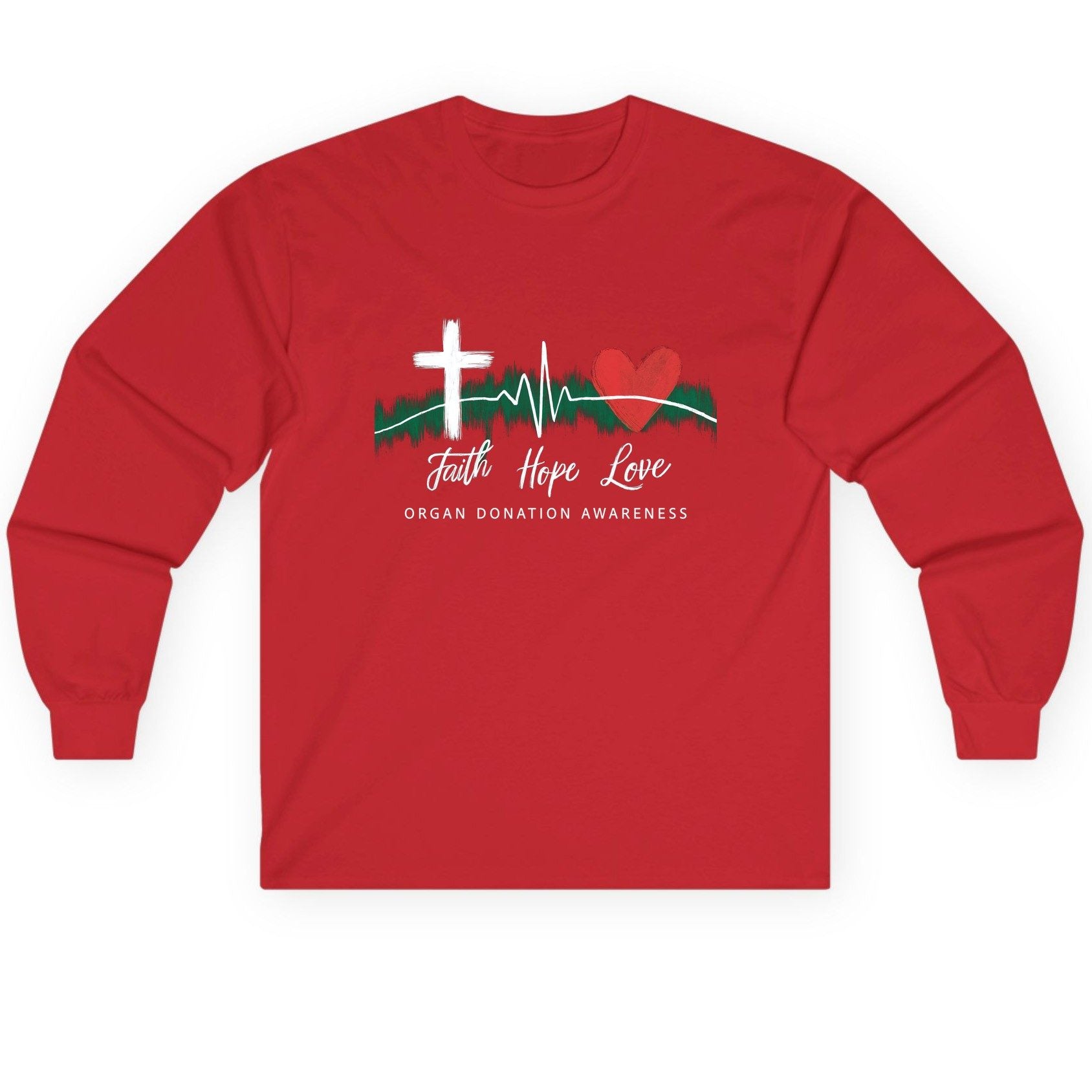 Faith Hope Love Organ Donation Awareness organ donation awareness Long Sleeve Tee Red product mockup
