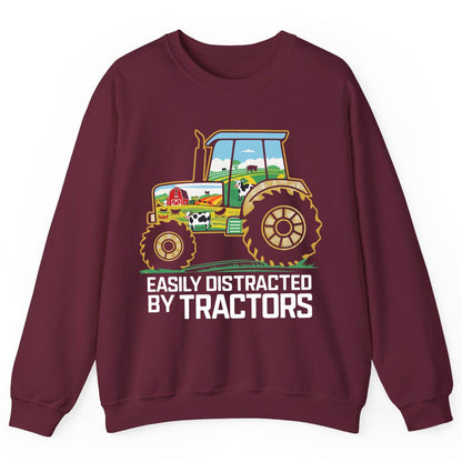 Easily Distracted by Tractors farming Sweatshirt Maroon product mockup