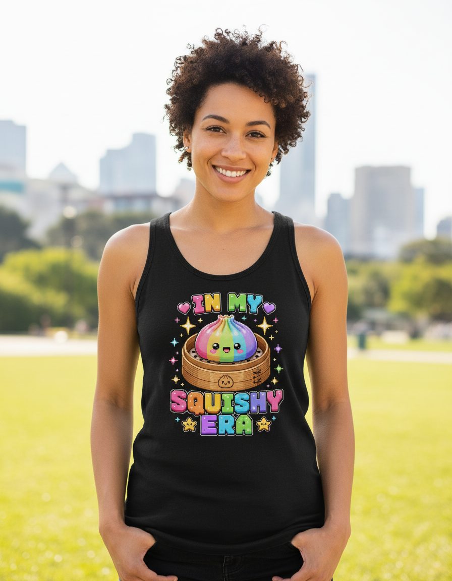 In My Squishy Era Retro Kawaii Dumpling Tank Top - lifestyle model mockup - Black