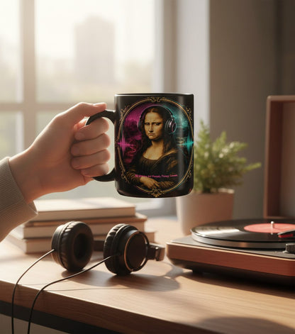 Dj Mona Lisa Art Parody Funny Lovers Black Mug - lifestyle model mockup - Black