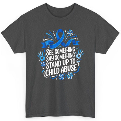 See Something Say Something Stand Up to Child Abuse Prevention T-Shirt - product mockup - Dark Heather