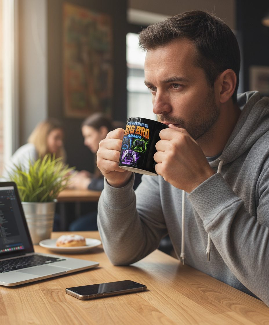 I Leveled Up to Big Bro Again Gamer Brother Black Mug - lifestyle model mockup - Black