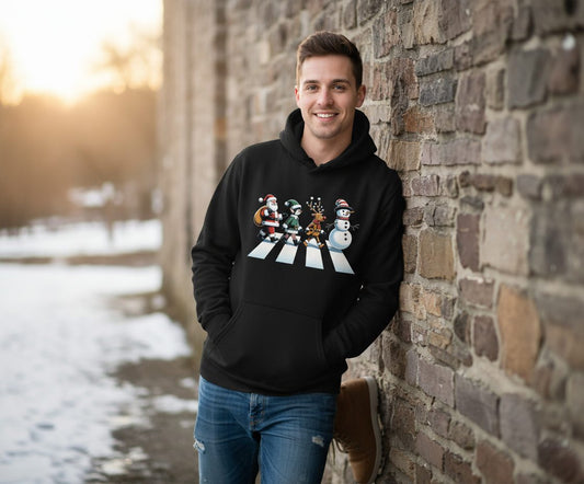 Christmas Abbey Road Parody Christmas abbey road parody Hoodie Black lifestyle mockup
