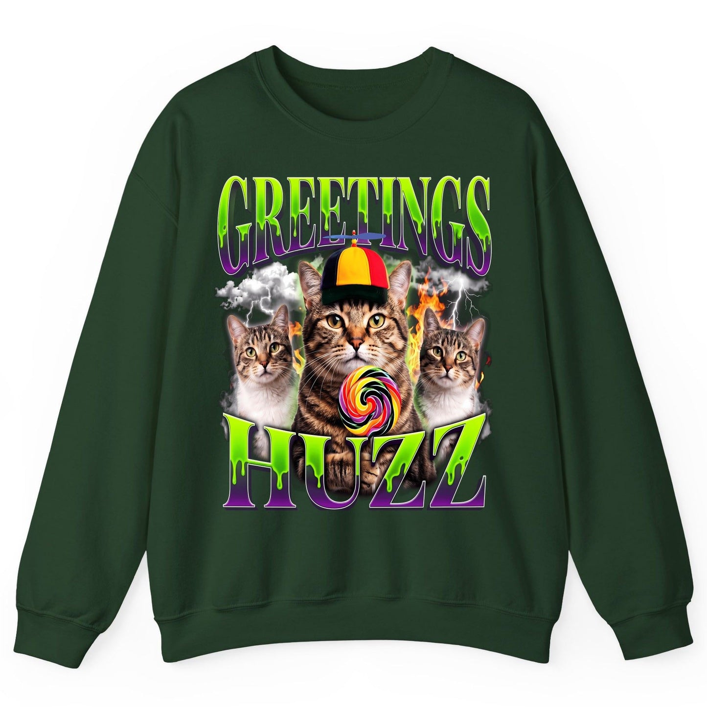 Greetings HUZZ Funny Cat Sweatshirt - product mockup - Forest Green
