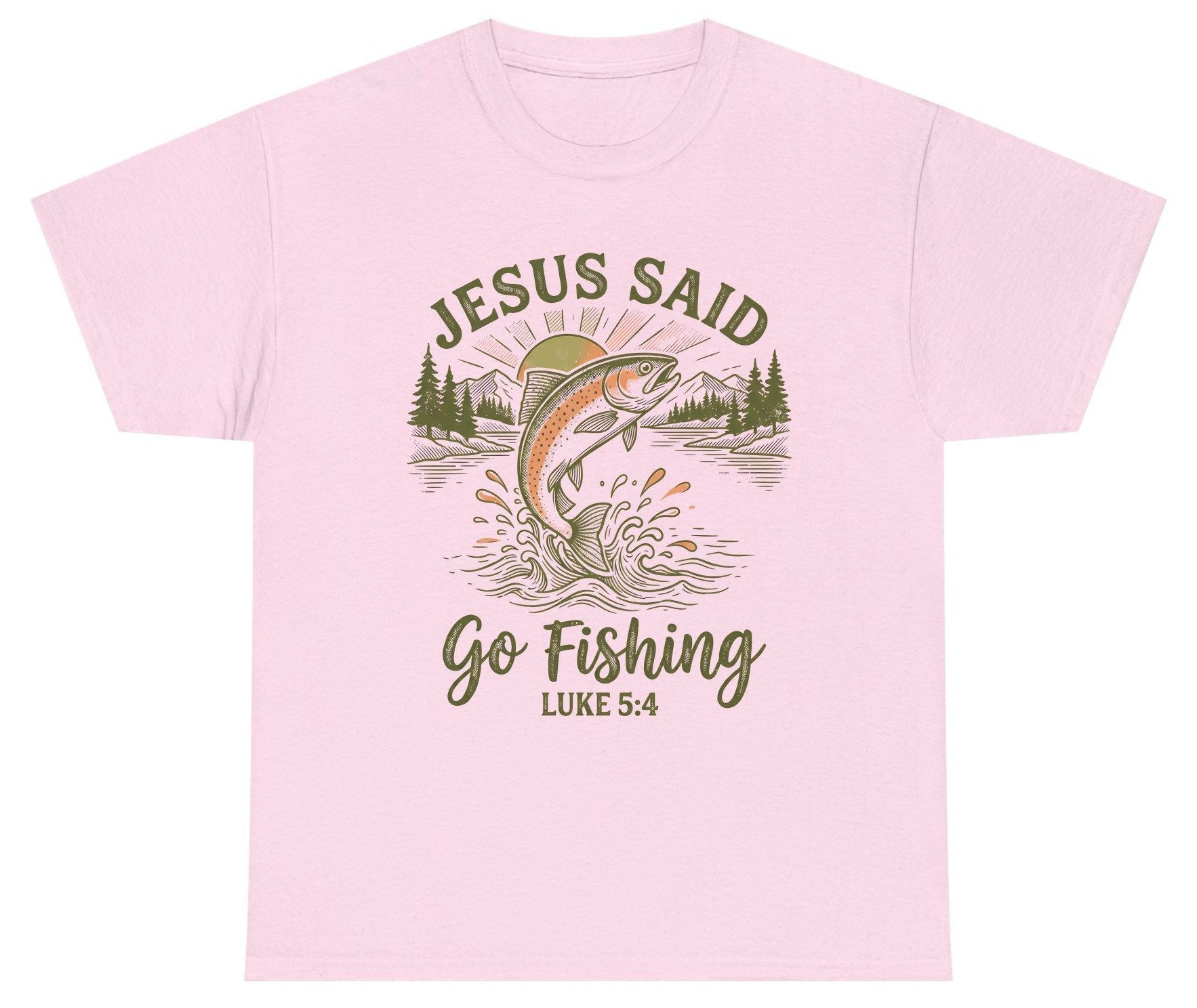 JESUS SAID Go Fishing LUKE 5 4 Vintage Christian Youth T-Shirt - product mockup - Light Pink