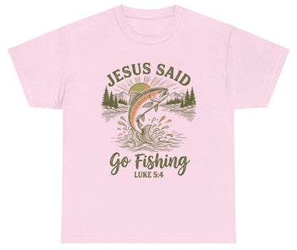 JESUS SAID Go Fishing LUKE 5 4 Vintage Christian Youth T-Shirt - product mockup - Light Pink