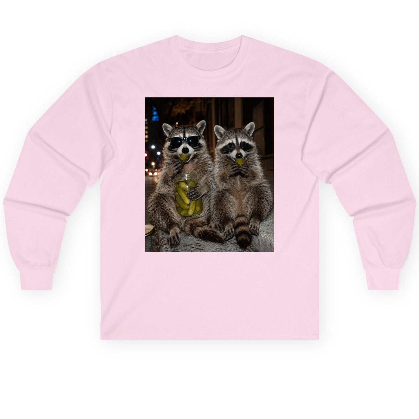 Raccoons Eating Pickles Funny Animal Lovers Long Sleeve Tee - product mockup - Light Pink