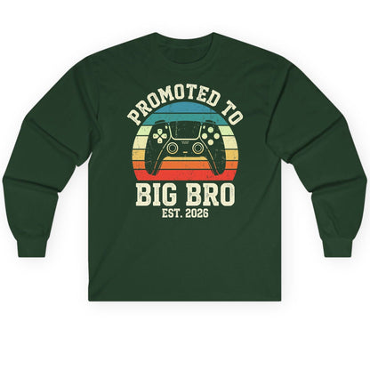 Promoted TO BIG BRO EST 2026 Retro Gaming Long Sleeve Tee - product mockup - Forest Green