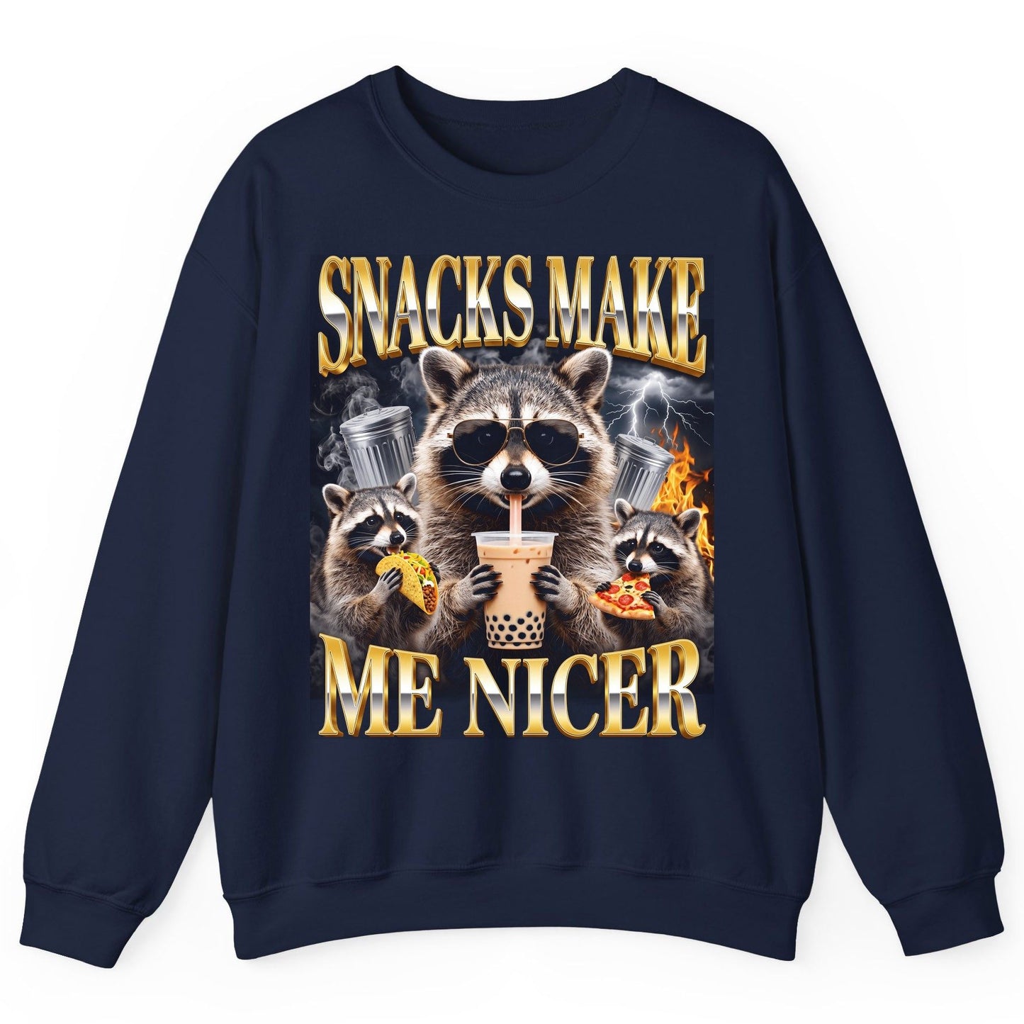 SNACKS MAKE ME NICER Funny Raccoon Sweatshirt - product mockup - Navy