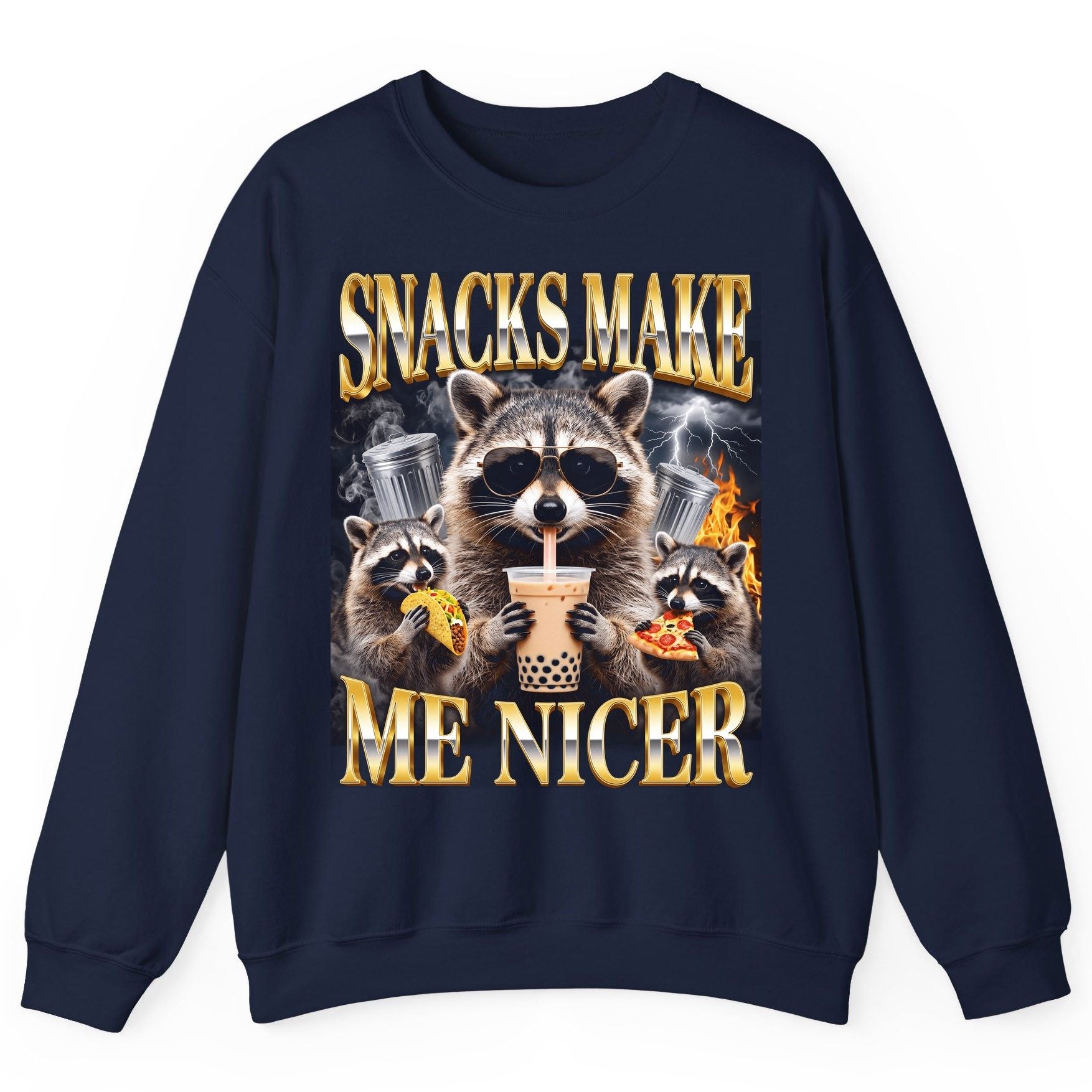 SNACKS MAKE ME NICER Funny Raccoon Sweatshirt - product mockup - Navy