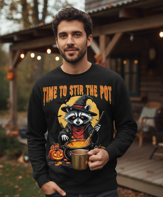 Time to Stir the Pot Halloween raccoon Sweatshirt Black lifestyle mockup