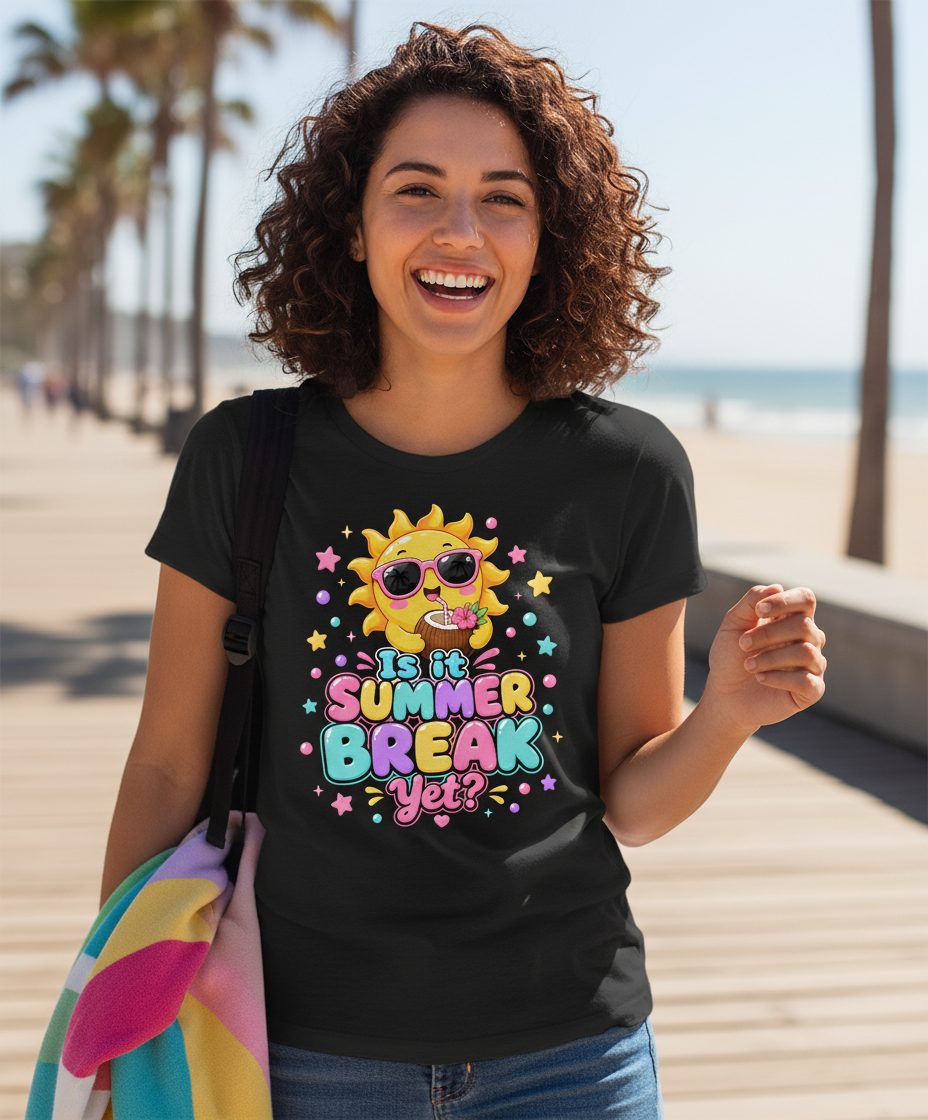 Is It SUMMER BREAK Yet Funny Vacation T-Shirt - lifestyle model mockup - Black