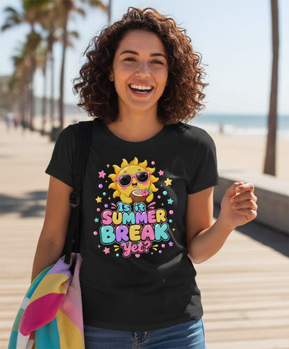 Is It SUMMER BREAK Yet Funny Vacation T-Shirt - lifestyle model mockup - Black
