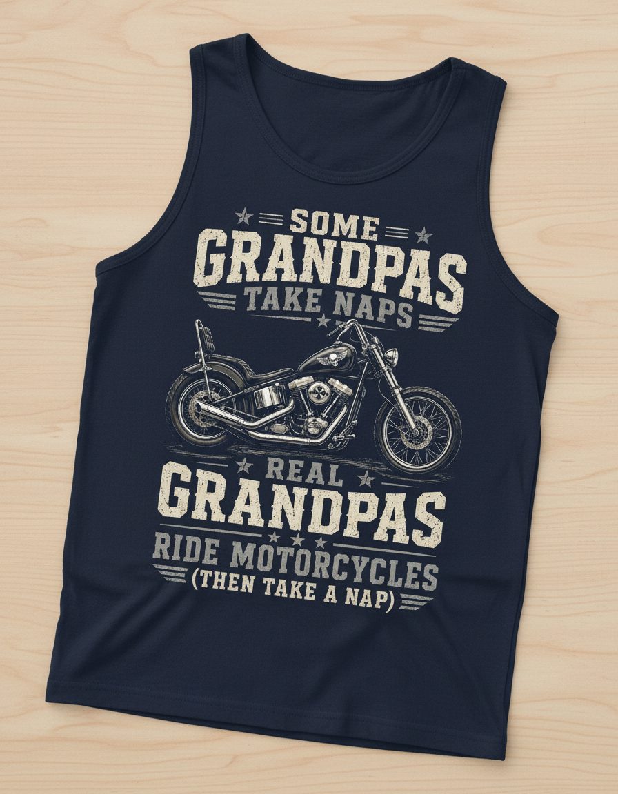 Some Grandpas Take Naps Real Grandpas Ride Motorcycles (then Take a Nap) Funny Biker Tank Top - product mockup - Navy