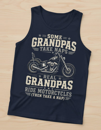 Some Grandpas Take Naps Real Grandpas Ride Motorcycles (then Take a Nap) Funny Biker Tank Top - product mockup - Navy