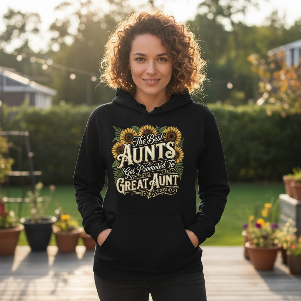 The Best AUNTS Get Promoted to GREAT AUNT Retro Hoodie - lifestyle model mockup - Black