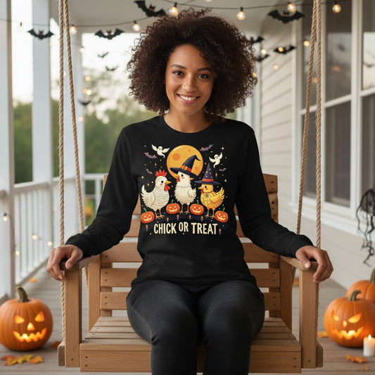 Chick or Treat Halloween chickens Long Sleeve Tee Black lifestyle mockup