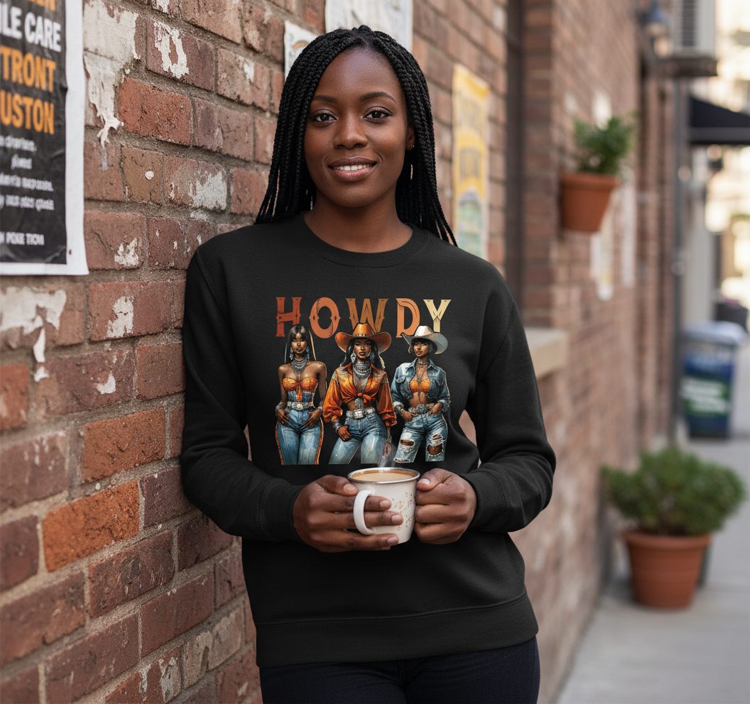 Howdy black cowgirls Sweatshirt Black lifestyle mockup