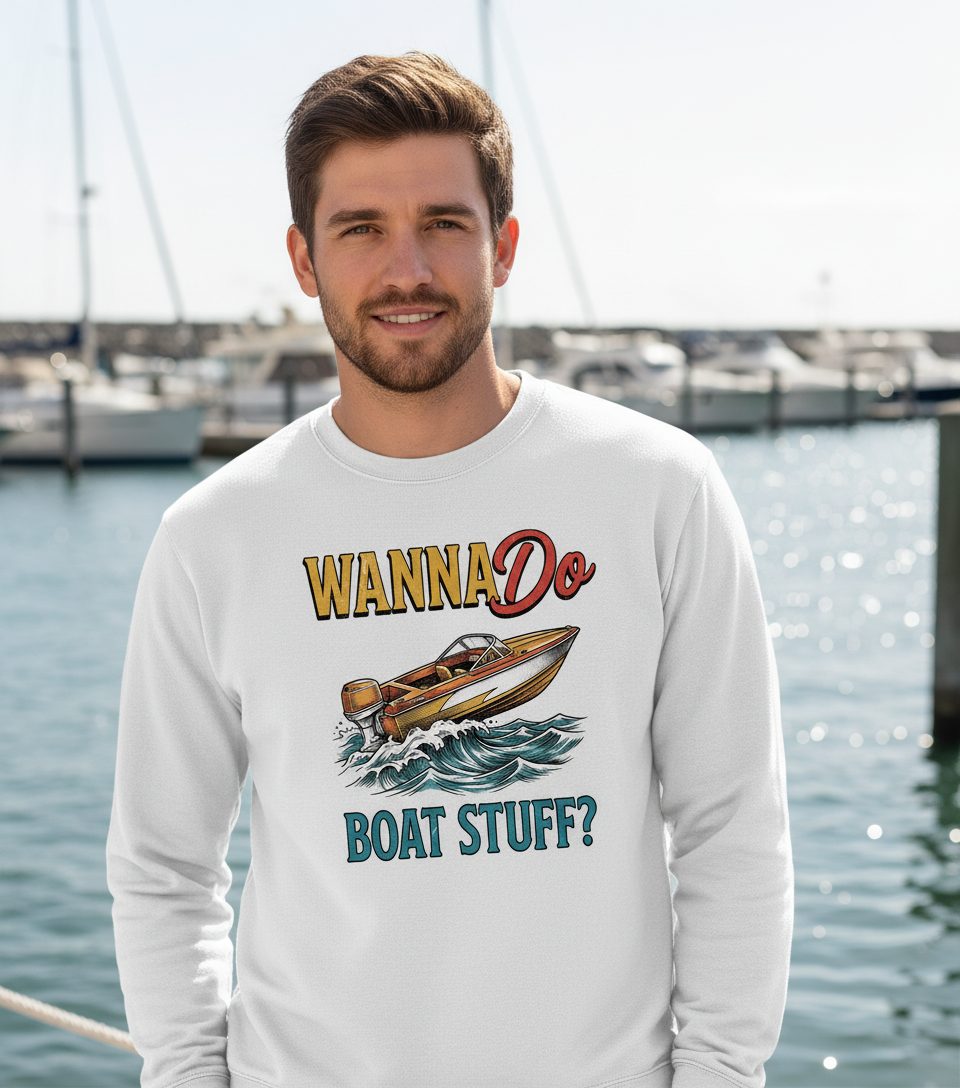 Wanna Do Boat Stuff Retro Boating Sweatshirt - lifestyle model mockup - White