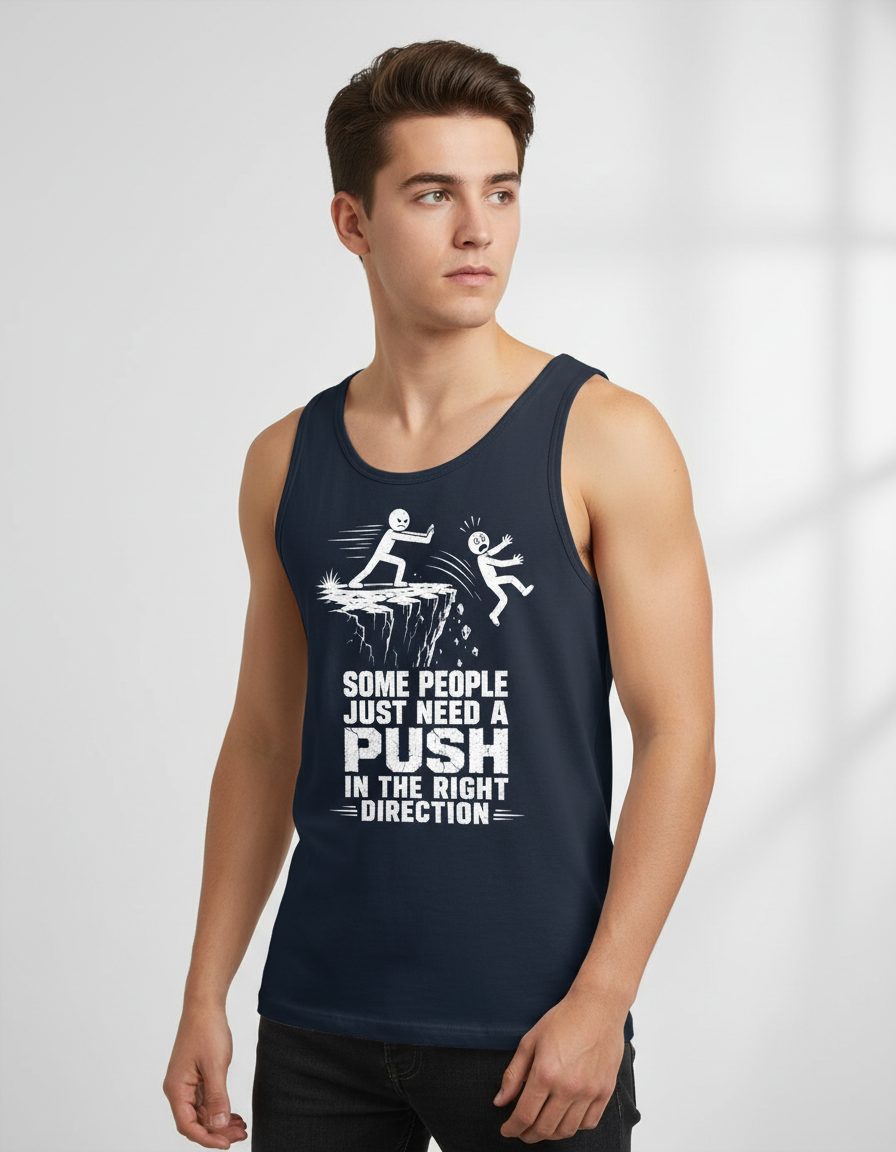 Some People Just Need a Push in the Right Direction Funny Dark Humor Tank Top - product mockup - Navy