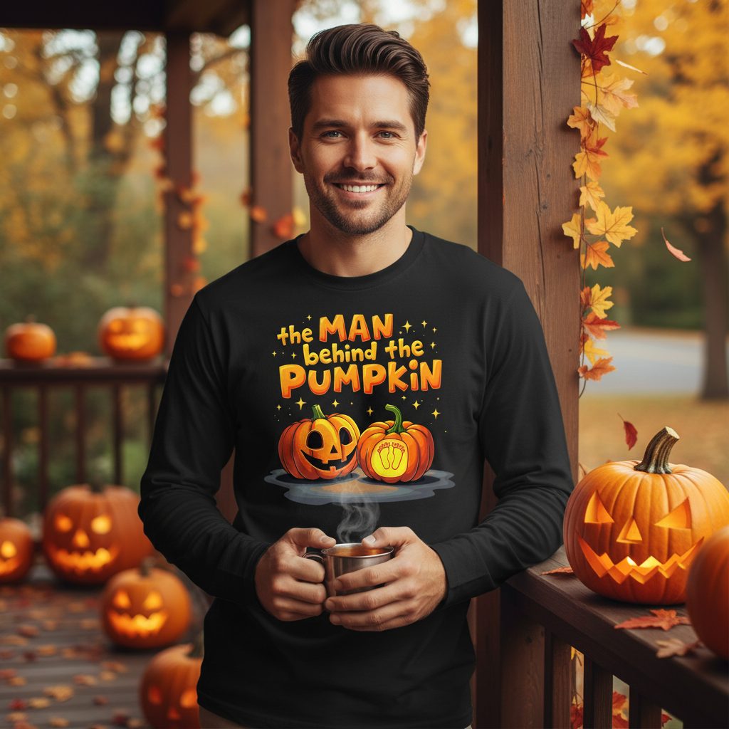 The Man Behind the Pumpkin Halloween pregnancy announcement Long Sleeve Tee Black lifestyle mockup