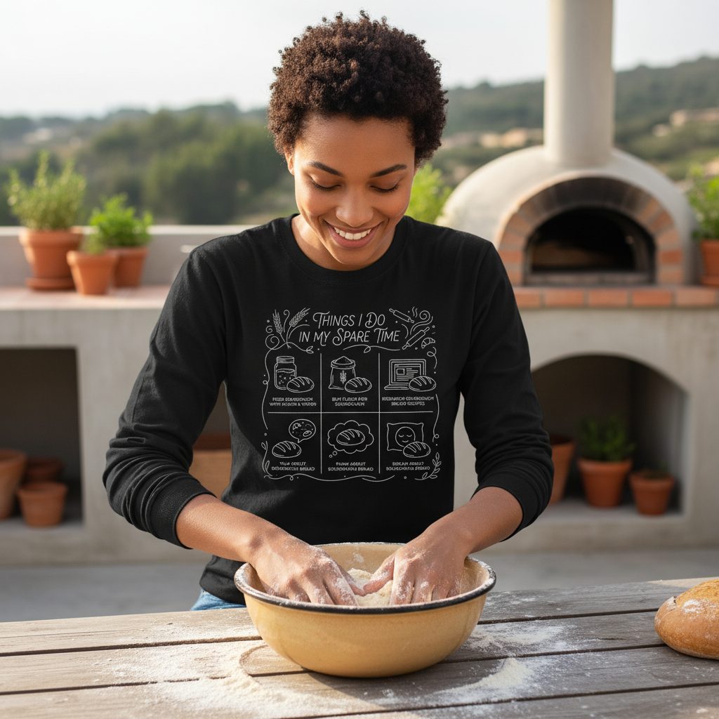 Things I Do in My Spare Time sourdough baking Long Sleeve Tee Black lifestyle mockup